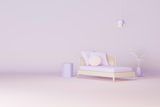 Interior of the room in pastel purple color with furnitures and room accessories 3D render