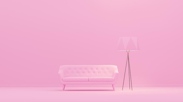 Interior room in plain monochrome light pink color with single chair and floor lamp Light background with copy space 3D rendering for web page presentation background