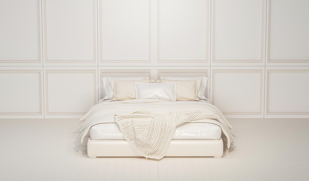 Interior of the room in plain monochrome pastel cream and beige color with bed 3d rendering