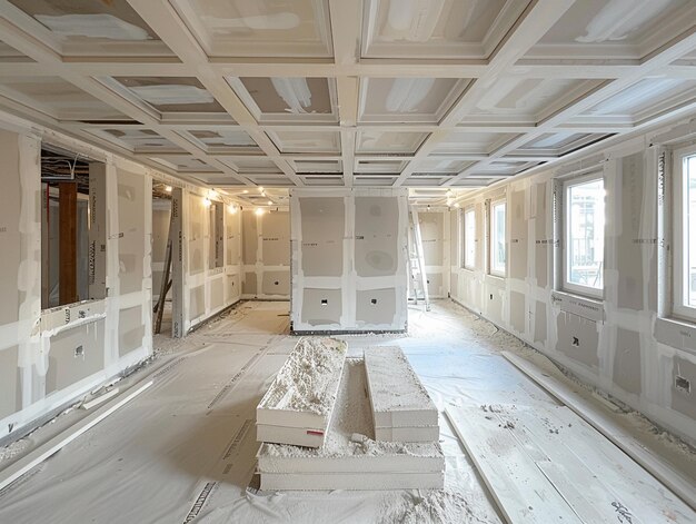 Photo interior room with coffered ceiling under construction