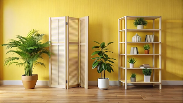 Photo interior of room with folding screen shelving unit and houseplant near yellow wall