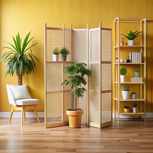 Photo interior of room with folding screen shelving unit and houseplant near yellow wall