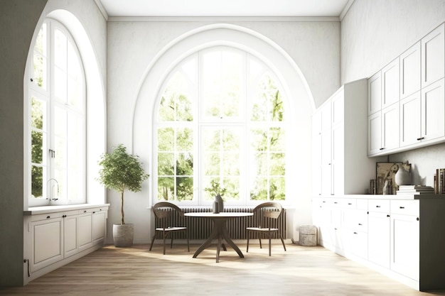 Interior of room with large arched windows on wall next to cupboard