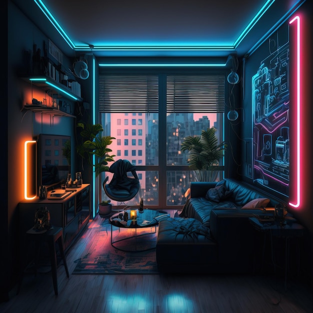 interior of a room with neon effect gaming desk and screens generative ai