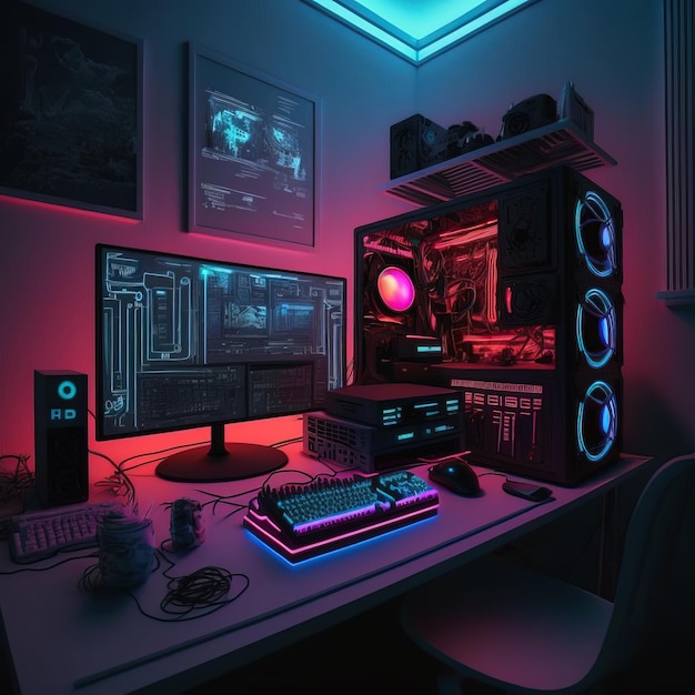 interior of a room with neon effect gaming desk and screens generative ai