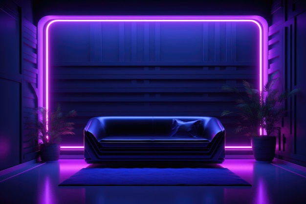 The interior of the room with neon purple lighting Sofa in a room with minimal interior