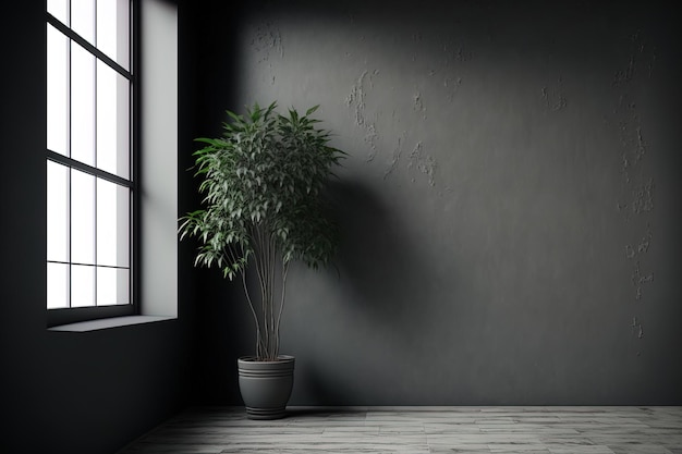 Interior of a room with no furniture a black stucco wall and a plant pot