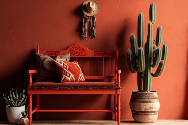 Interior of a rustic home with a bench chairs and decor in a red room