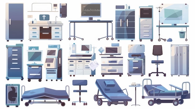 Photo an interior scene from a clinic ward or chamber with items like a bed a life support system a computer chairs and lockers for medicine a wheeled table and a holder for a medical dropper and