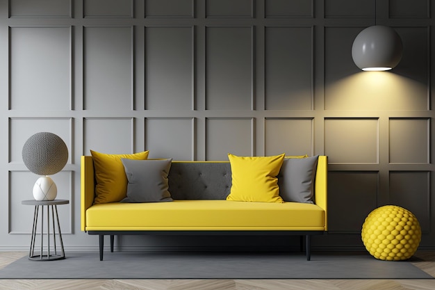 Interior scene and mockup with grey wall yellow modern sofa and wood panel wall lamp