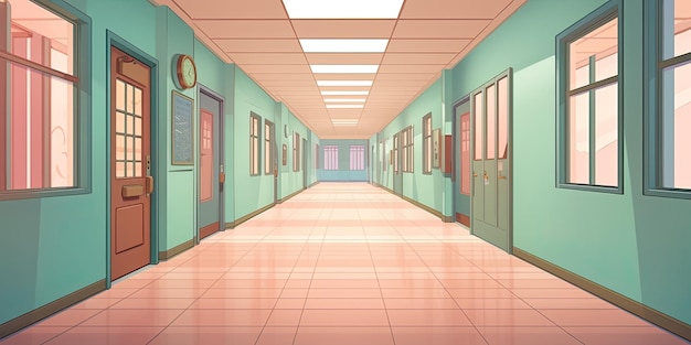 Interior of a school corridor Vector illustration in cartoon style