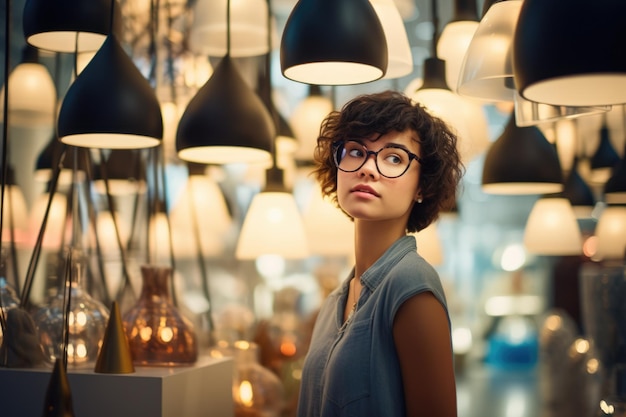 Interior Shopping at Lighting Store Asian Woman Chooses New Lamp for Furniture with Beautiful