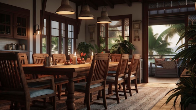 An interior shot of a bungalow dining area with vintage decor