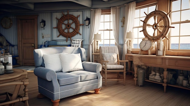 An interior shot of a Cape Cod house with nautical themed decor