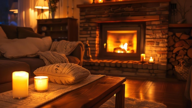 An interior shot of a cozy fireplace in a living room