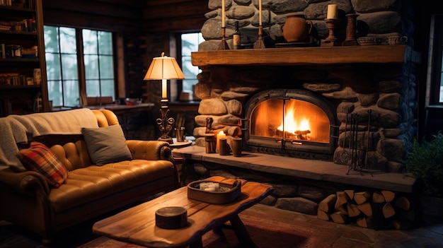 An interior shot of a log cabin with a stone fireplace and wooden furniture