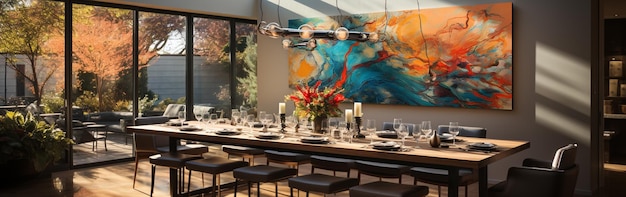 Interior shot of a modern house dining room with art on the wall