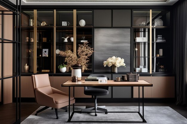 Interior shot of a stylish and inviting home office with custom built in cabinetry