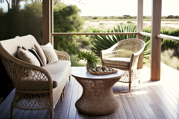 Interior shots of a domestic timber deck with cane furnishings in a coastal style house