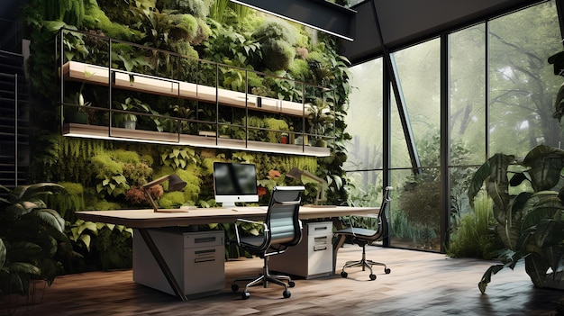 Interior shots of offices with flora and fauna or vertical gardens