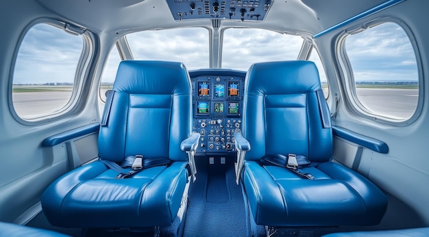 Photo interior of a small aircraft with two blue leather seats and an airplane control panel on the right