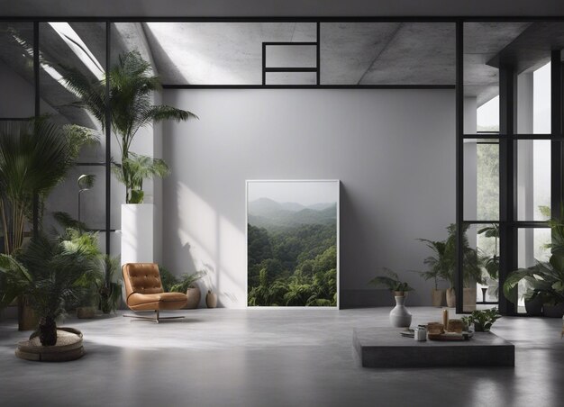 Photo interior space with walls to put the painting on in light grey colors jungle accents