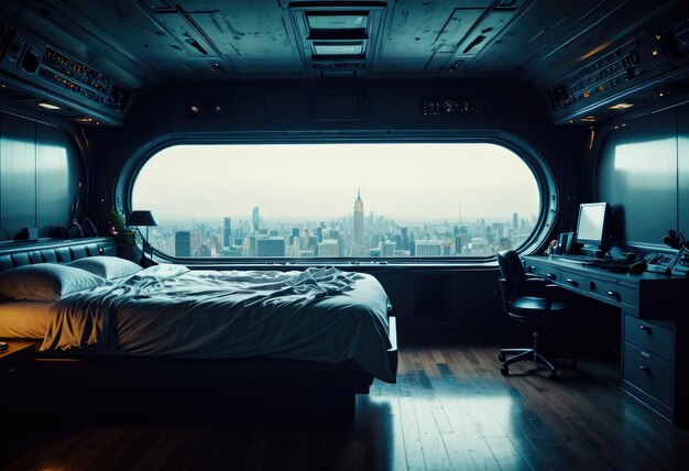 Interior of a spaceship hotel featuring a futuristic capsule hostel bedroom with a panoramic window