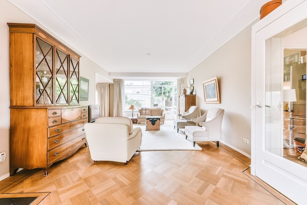 Interior of spacious living room with comfortable sofa and other furniture