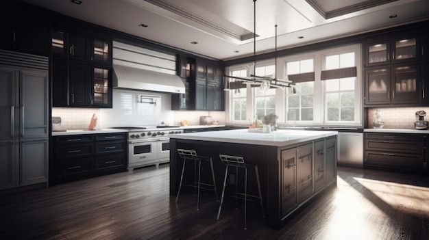 Interior of a spacious modern american style kitchen in black and white in a country house with a ki