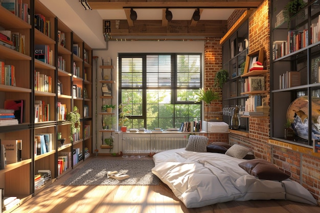 Interior studio apartments with bookshelves and hardwood floors