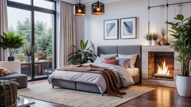 Interior of stylish bedroom with modern lamp houseplants and fireplace in evening