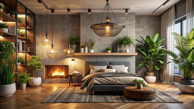 Interior of stylish bedroom with modern lamp houseplants and fireplace in evening