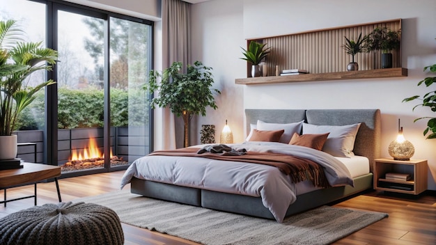 Interior of stylish bedroom with modern lamp houseplants and fireplace in evening