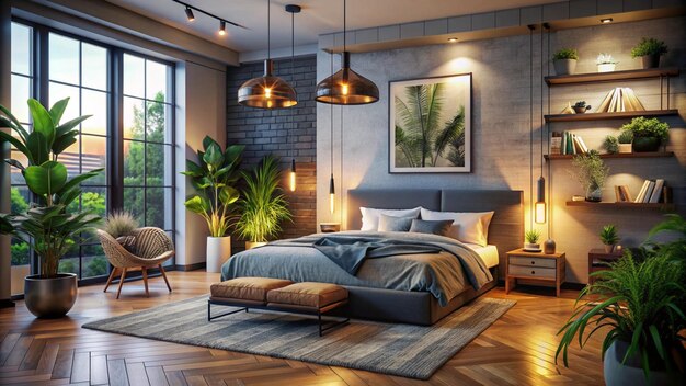 Interior of stylish bedroom with modern lamp houseplants and fireplace in evening