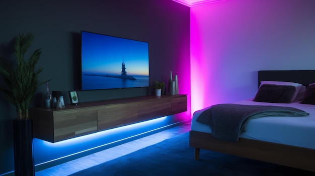 Interior of stylish bedroom with modern Lighting houseplants and fireplace in neon lighting