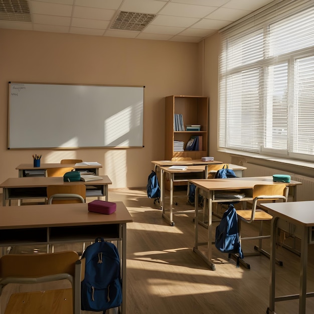 Interior of stylish empty classroom with backpacks and stationery