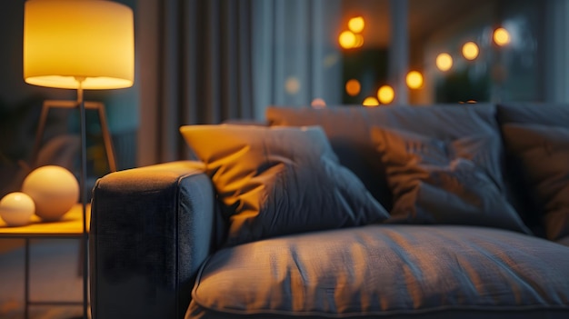 Interior of stylish living room with grey sofas and glowing lamps at evening Generative AI