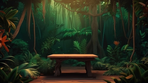 Interior table for a cosmetic item against the backdrop of tropical plants palms Generative Ai