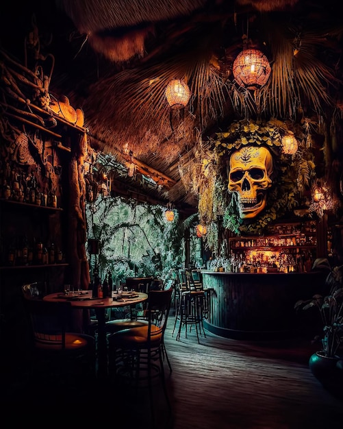 The interior of the tiki bar at the tiki bar.