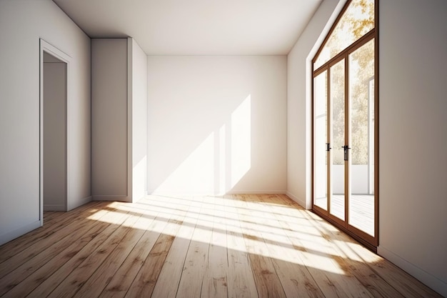 Interior of a vacant living room lit by a window No furnishings wood flooring blank wall