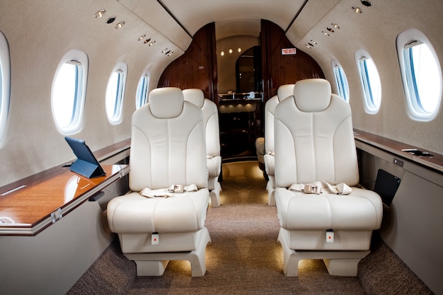 Interior view in aircraft, business jet flight