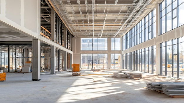 Photo interior view of a building under construction exposed framework and raw concrete floors