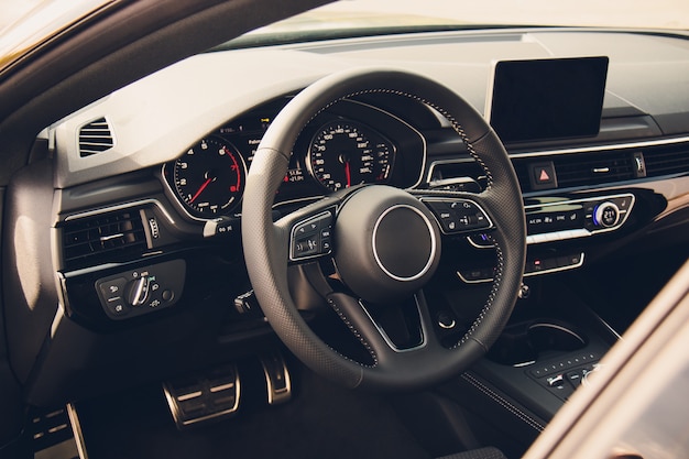 Interior view of car with black salon.