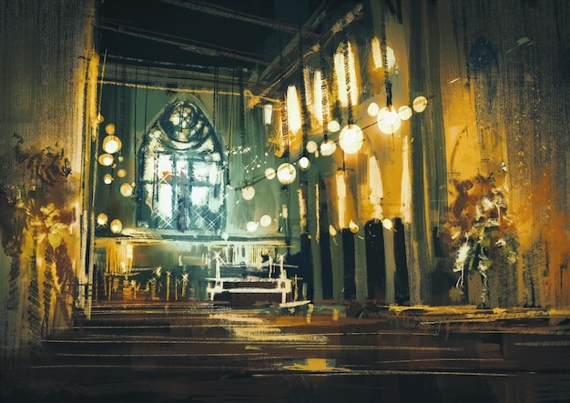 interior view of a church and dramatic light,illustration painting