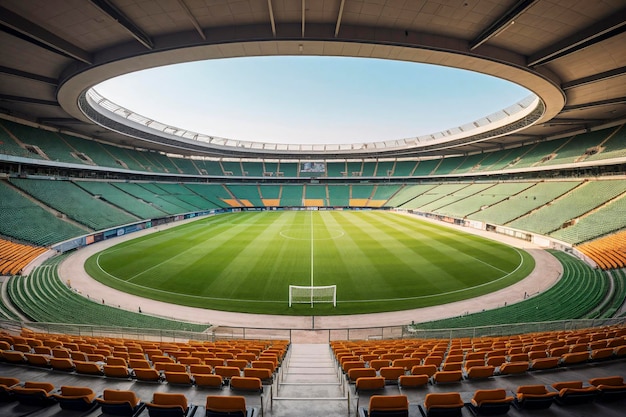 The interior view of the football field and stands has a large circular roof