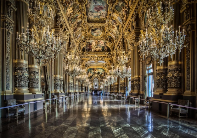 Interior view of the grand hallway of the Opera House in Paris France