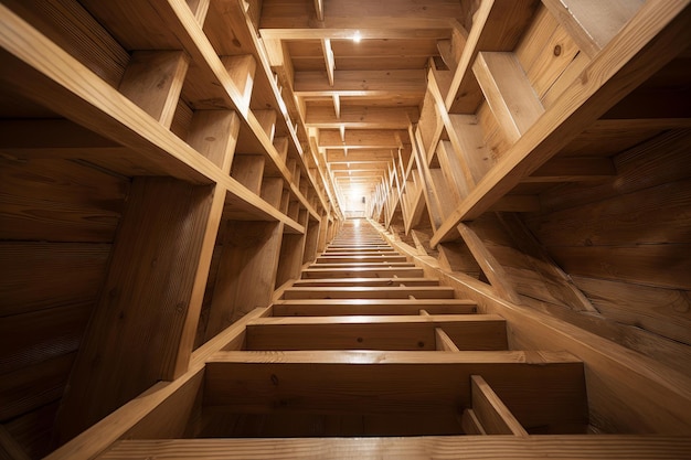 Interior view of a wooden building structure showcasing perspective and craftsmanship