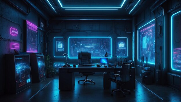 Interior wall of a cyberpunk office fututistic neons simple decoration multi color matrice