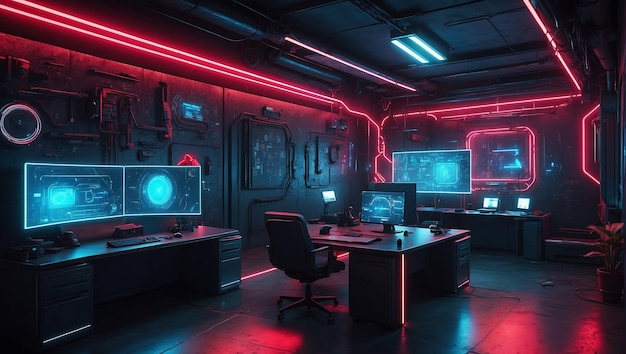 Interior wall of a cyberpunk office fututistic neons simple decoration multi color matrice