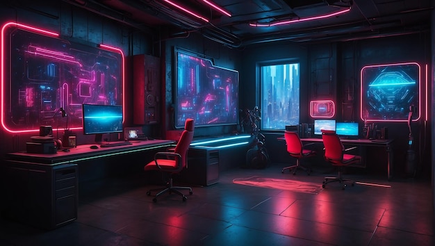 Interior wall of a cyberpunk office fututistic neons simple decoration multi color matrice